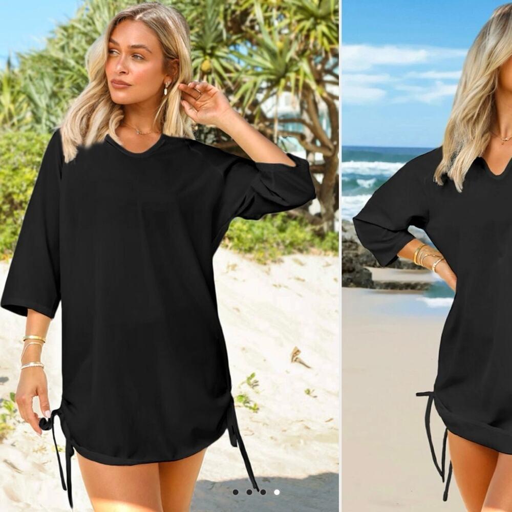 Nwot Split Neck Solid Drawstring Side Cover Up - image 2